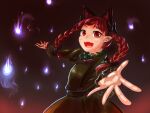  1girl :d animal_ears bow braid cat_ears dress fang fangs fire grey_background hitodama kaenbyou_rin kys_(k-k2) looking_at_viewer open_mouth outstretched_arms red_eyes red_hair simple_background skin_fangs smile solo touhou twin_braids twintails 