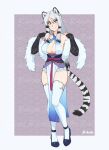  1girl animal_ear_fluff animal_ears artist_name black_hair blue_eyes breasts commentary detached_sleeves english_commentary full_body hairband halterneck highres long_hair medium_breasts mole mole_under_mouth multicolored_hair original pelvic_curtain rob_ishi simple_background smile solo tail thighhighs tiger_ears tiger_girl tiger_tail two-tone_hair watermark white_hairband white_legwear 