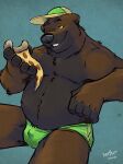  2022 anthro barry_the_pizza_bear belly big_belly black_nose brown_body brown_fur bulge clothing food fur hat headgear headwear hi_res humanoid_hands k-9 male mammal moobs overweight overweight_male pizza pizza_slice sitting solo underwear ursid 