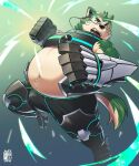  2022 anthro belly big_belly biped bottomwear bulge canid canine canis clothing domestic_dog green_body green_nose hi_res kemono lifewonders live-a-hero male mammal mokdai navel overweight overweight_male pants solo video_games visor yukimushi6 