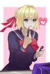  1girl bag bangs blonde_hair blue_sailor_collar blue_serafuku blue_shirt blue_skirt border bow bowtie braid braided_bun collared_shirt danxing_aipangzi eyebrows_visible_through_hair fate/extra fate_(series) green_eyes hair_intakes hair_ribbon heart highres lipstick makeup nero_claudius_(fate) nero_claudius_(fate/extra) parted_lips pink_background pleated_skirt red_bow red_bowtie red_ribbon ribbon sailor_collar sailor_shirt school_bag school_uniform serafuku shiny shiny_hair shirt short_hair skirt solo upper_body white_border 