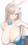 1girl absurdres animal_ears asuna_(blue_archive) asuna_(bunny_girl)_(blue_archive) bangs bare_shoulders blue_archive blue_bow blue_bowtie blue_eyes blue_leotard blue_ribbon bow bowtie breasts cleavage extra_ears eyes_visible_through_hair fake_animal_ears gloves grin hair_over_one_eye hair_ribbon hairband hand_on_own_chest highres huge_breasts leotard light_brown_eyes looking_at_viewer milim_nova mole mole_on_breast pantyhose playboy_bunny rabbit_ears rabbit_tail ribbon simple_background smile solo strapless strapless_leotard tail white_background white_gloves white_hairband wrist_cuffs 
