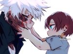  2boys artist_name blue_eyes boku_no_hero_academia brothers burn_scar cheek_piercing child dabi_(boku_no_hero_academia) looking_at_another male_focus multicolored_hair multiple_boys multiple_scars piercing profile red_hair scar scar_on_neck sharl0ck siblings simple_background split-color_hair spoilers staple stapled todoroki_shouto todoroki_touya two-tone_hair white_background white_hair younger 