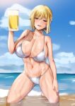  1girl alcohol alice_gear_aegis ayuayu_(shouyu_no_sato) beer beer_mug bikini blonde_hair blue_eyes breasts cleavage cloud collarbone cup head_tilt holding holding_cup kneeling large_breasts looking_at_viewer midriff mug navel ocean open_mouth rita_henschel sky smile solo sweat swimsuit water white_bikini 