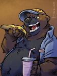  2020 anthro barry_the_pizza_bear belly big_belly black_nose brown_body brown_fur clothing food fur green_eyes hat headgear headwear hi_res humanoid_hands k-9 male mammal moobs nipples overweight overweight_male pizza pizza_slice simple_background solo ursid 
