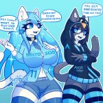  1:1 2022 absurd_res anthro arch_linux big_breasts biped blue_background blue_clothing blue_eyes breasts clothed clothing collar curvy_figure dialogue digital_media_(artwork) domestic_cat duo english_text felid feline felis female fur hair hi_res hoodie hourglass_figure huge_breasts humor joke legwear linux long_hair mammal microsoft microsoft_windows nagifur navel necktie open_mouth parody personification simple_background slim smile sparkles speech_bubble text text_on_clothing thick_thighs thigh_highs tight_clothing topwear white_face wide_hips windows_11 