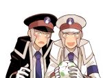  2boys black_coat black_headwear blue_necktie blush brothers coat collared_shirt cracked_egg dress_shirt egg emmet_(pokemon) gloves grey_eyes grey_hair hat high_collar holding holding_egg ingo_(pokemon) jaho long_sideburns long_sleeves male_focus multiple_boys necktie open_mouth peaked_cap pokemon pokemon_(game) pokemon_bw shirt short_hair siblings sideburns simple_background smile sweatdrop trench_coat white_background white_coat white_gloves white_headwear white_shirt 