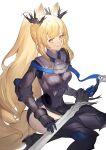  1girl animal_ear_fluff animal_ears arknights armor armored_boots armored_dress ascot black_dress blemishine_(arknights) blemishine_(moon_catastrborn)_(arknights) blonde_hair boots breasts closed_mouth dress elbow_pads gauntlets grey_ascot haocong33 high_heel_boots high_heels highres holding holding_sword holding_weapon horse_ears horse_girl horse_tail long_hair looking_at_viewer medium_breasts official_alternate_costume pelvic_curtain ponytail red_eyes sidelocks simple_background sitting smile solo sword tail thigh_boots thighhighs very_long_hair weapon white_background yokozuwari 