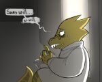 2015 alphys anthro blinkpen chips_(food) english_text eyewear female food glasses lizard low_res potato_chips reptile scalie scared shaking solo stuttering text undertale undertale_(series) vending_machine video_games 