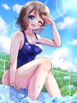 1girl blue_eyes blue_sky blue_swimsuit breasts chain-link_fence cleavage cloud competition_swimsuit day fence grey_hair highres lens_flare love_live! love_live!_sunshine!! medium_breasts one-piece_swimsuit one_eye_closed outdoors poolside ritaso short_hair sitting sky smile soaking_feet solo swimsuit watanabe_you water 