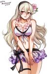  1girl anklet artist_name bare_shoulders bikini bikini_skirt black_bow bow breasts cleavage collarbone corrin_(fire_emblem) corrin_(fire_emblem)_(female) corrin_(summer)_(fire_emblem)_(female) cowboy_shot dated fire_emblem fire_emblem_fates fire_emblem_heroes flower flower_necklace front-tie_top hair_flower hair_ornament hairband jewelry lei medium_breasts microskirt mina_cream navel official_alternate_costume red_eyes silver_hair simple_background skirt smile solo swimsuit thigh_strap white_background white_bikini 