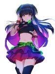  1girl bangs belt black_hair blue_legwear blunt_bangs breasts cowboy_shot crop_top detached_sleeves eyebrows_visible_through_hair floating_hair hand_in_own_hair highres idolmaster idolmaster_shiny_colors kneeichigo layered_skirt long_hair long_sleeves looking_at_viewer mayuzumi_fuyuko midriff miniskirt multicolored_hair navel pleated_skirt polka_dot_sleeves purple_skirt shiny shiny_hair simple_background sketch skirt small_breasts solo standing stomach thighhighs two_side_up very_long_hair white_background yellow_eyes zettai_ryouiki 