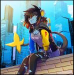  anthro city city_background clothing detailed_background female hi_res luxray nintendo piercing pok&eacute;mon pok&eacute;mon_(species) smile solo torn_clothing video_games voidified 
