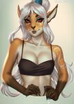  2022 anthro black_nose bra breasts brown_body cervid clothed clothing colored_nails digital_media_(artwork) etskuni eyebrows eyelashes female hair hi_res long_hair looking_at_viewer mammal nails red_eyes smile smile-eleb underwear white_body white_hair 