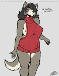  2021 absurd_res anthro areola big_breasts black_hair blush bottomless breasts canid canine canis clothed clothing dialogue female fiercedeitylynx fur grey_body grey_fur hair hair_over_eye half-closed_eyes hi_res mammal mature_female melanie_(fiercedeitylynx) meme meme_clothing narrowed_eyes nipple_slip one_eye_obstructed smile solo sweater sweater_only topwear topwear_only virgin_killer_sweater wolf 