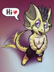  &lt;3 anthro biped clothed clothing dialogue english_text high-angle_view ido_(mirroidal) kobold looking_at_viewer male open_mouth purple_eyes purple_stripes scales scalie sharp_teeth solo speech_bubble standing striped_body striped_scales stripes tail_motion tailwag teeth text topless vdisco yellow_body yellow_scales 