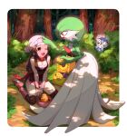  1girl :d absurdres beanie black_hair black_legwear black_shirt boots bowl bracelet breasts bush cleavage commentary_request dawn_(pokemon) day eudetenis feeding flipped_hair food food_on_face forest gardevoir green_hair grey_eyes hair_ornament hairclip hat headpat highres jewelry kneeling long_hair nature open_mouth outdoors pet_bowl pet_play pink_footwear pink_skirt piplup plant poke_ball_print pokemon pokemon_(game) pokemon_dppt poketch red_scarf scarf shirt skirt sleeveless sleeveless_shirt smile tongue tree vines watch white_headwear wristwatch 