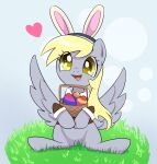  ahobobo basket blonde_hair clothing container derpy_hooves_(mlp) easter equid equine eyelashes fake_ears fake_rabbit_ears female feral friendship_is_magic grey_body hair happy hi_res holding_object holidays mammal my_little_pony open_mouth open_smile pegasus sitting smile solo spread_wings wings yellow_eyes 