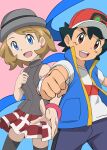  1boy 1girl ash_ketchum bangs baseball_cap black_hair black_legwear blonde_hair blue_eyes breasts brown_eyes couple hat highres jacket looking_at_viewer open_mouth pokemon pokemon_(anime) pokemon_swsh_(anime) ribbon serena_(pokemon) shirt short_hair skirt smile t-shirt thighhighs wing_collar yusuke_oshida 