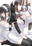  1girl bangs black_hair black_jacket blush breasts cleavage commentary_request cropped_jacket detached_collar dress gloves green_eyes hairband highres jacket juliet_sleeves kfr large_breasts long_hair long_sleeves maid multiple_views original puffy_sleeves short_dress shrug_(clothing) thighs white_dress white_gloves 