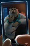  2022 absurd_res anthro belly big_belly black_nose blind blush cellphone clothed clothing crustonpie detailed_background hi_res humanoid_hands inside male mammal overweight overweight_male phone polar_bear smartphone solo solo_focus ursid ursine white_body 