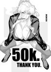  1girl balalaika_(black_lagoon) black_lagoon bottomless breasts burn_scar buru cigar cleavage english_text female_pubic_hair greyscale hands_on_own_knees highres jacket large_breasts long_hair looking_at_viewer milestone_celebration mole mole_under_eye monochrome no_panties no_pants plunging_neckline ponytail pubic_hair pumps scar scar_on_breasts scar_on_face smoking solo spread_legs squatting thank_you thighhighs 