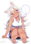  ... 1girl absurdres animal_ears bangs black_shorts closed_mouth dark-skinned_female dark_skin full_body highres long_hair looking_to_the_side on_floor original owasaki purple_eyes shorts signature simple_background sitting soles solo sports_bra tail toes white_background white_hair wolf_ears wolf_girl wolf_tail 