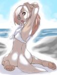  anthro clothed clothing female grey_nose hi_res looking_back lutrine mammal mustelid open_mouth pawpads plumvaguelette rear_view sea_otter seaside sitting solo 