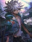  1boy absurdres bangs belt black_belt black_pants chain closed_mouth collarbone cowboy_shot crane_(machine) danganronpa_(series) danganronpa_2:_goodbye_despair green_jacket grey_eyes grey_hair grey_shirt hair_between_eyes highres hood hood_down jacket jacket_on_shoulders komaeda_nagito long_hair male_focus messy_hair munya_(pic) outdoors pants print_shirt shiny shiny_hair shirt short_sleeves skull_ornament solo 