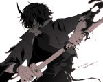  1boy arknights bishounen black_hair blood blood_on_hands blood_splatter cowboy_shot flamebringer_(arknights) katana male_focus monochrome orange_eyes pointy_ears sahae00 short_hair simple_background smirk solo sword weapon white_background 