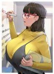  1girl bangs belt black_belt blue_eyes breasts brown_hair clipboard dress earrings eraser grey_dress highres holding holding_clipboard holding_marker huge_breasts jewelry marker necklace nijino_(ed98629355) original red-framed_eyewear sweater translation_request turtleneck turtleneck_sweater whiteboard yellow_sweater 