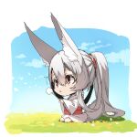  1girl animal_ear_fluff animal_ears bangs barefoot big_head blue_sky chibi cloud commentary_request day eyebrows_visible_through_hair fox_ears fox_girl fox_tail grey_hair hair_between_eyes highres holding japanese_clothes kimono long_hair long_sleeves obi on_grass original parted_lips ponytail red_eyes sash sitting sky solo tail very_long_hair white_kimono wide_sleeves yuuji_(yukimimi) 