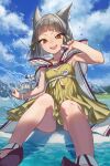  1girl :d bangs beach blue_sky blunt_bangs chest_jewel cloud cloudy_sky dress_swimsuit highres looking_at_viewer nia_(fancy_sundress)_(xenoblade) nia_(xenoblade) nopon ocean open_mouth outdoors short_hair silver_hair sky smile solo swimsuit thupoppo water xenoblade_chronicles_(series) xenoblade_chronicles_2 yellow_eyes yellow_swimsuit 