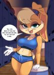  2022 absurd_res anthro blonde_hair bottomwear breasts cleavage clothed clothing crop_top detailed_background dialogue english_text female front_view fur gloves hair handwear hi_res hotpants lagomorph leporid locker_room lola_bunny looking_at_viewer looney_tunes mammal midriff open_mouth portrait rabbit shirt shorts siroc solo talking_to_viewer tan_body tan_fur text three-quarter_portrait topwear warner_brothers 