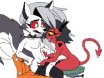  2022 anthro assisted_exposure bottomwear breasts canid canid_demon chest_tuft clothed clothing collar demon demon_humanoid duo featureless_breasts female female/female female_on_anthro female_on_humanoid fur grey_body grey_fur grey_hair hair hellhound helluva_boss hi_res horn humanoid humanoid_on_anthro loona_(helluva_boss) mammal millie_(helluva_boss) muu nude partially_clothed pointed_tail red_body red_sclera red_skin shorts shorts_down sitting spiked_collar spikes topless topless_anthro topless_female tuft undressing_another white_body white_eyes white_fur 
