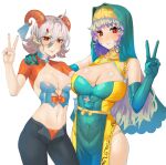  2girls blue_dress blue_hair breasts bustier cigarette cleavage covered_navel dress elbow_gloves gloves green_headwear haniyasushin_keiki highres horn_ornament horn_ribbon horns large_breasts long_hair looking_at_viewer multicolored_clothes multicolored_dress multiple_girls navel open_pants pants pelvic_curtain red_eyes red_horns ribbon sheep_horns simple_background small_breasts smile tomatolover16 touhou toutetsu_yuuma v veil white_background white_hair yellow_dress 