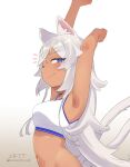 1girl absurdres armpits arms_up bangs closed_mouth dark-skinned_female dark_skin highres long_hair looking_at_viewer looking_to_the_side navel original owasaki purple_eyes signature solo sports_bra stretch tail tears white_background white_hair wolf_girl wolf_tail 