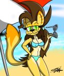  2018 absurd_res anthro beach breasts brown_hair brown_nipples catherine_claws domestic_cat eyewear fangs felid feline felis female fur genitals green_eyes hair hi_res humanoid long_hair mammal nipples nude orange_body orange_fur phalanx_b_deer pussy sand seaside solo sunglasses umbrella yellow_body yellow_fur 