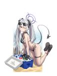 1girl ass bangs beach bikini black_bikini blue_archive bow breasts can cleavage cola commentary_request cooler dark_skin demon_girl demon_tail eyebrows_visible_through_hair eyewear_on_head full_body hair_bow hair_over_one_eye hair_ribbon highres ice ice_cube iori_(blue_archive) iori_(swimsuit)_(blue_archive) kneeling legs_up long_hair looking_at_viewer navel ocean otakummm pointy_ears red_eyes ribbon side-tie_bikini sidelocks silver_hair soda_can solo stomach sunglasses swimsuit tail thighlet twintails wet wet_clothes wet_swimsuit 