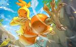  blurry claws cloud combusken commentary_request day kaosu_(kaosu0905) no_humans orange_eyes outdoors pokemon pokemon_(creature) signature sky solo talons yellow_fur 