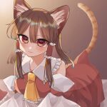  1girl absurdres animal_ears breasts brown_eyes brown_hair cat_ears cat_tail detached_sleeves frills hakurei_kaede hakurei_reimu highres large_breasts looking_at_viewer medium_hair neckerchief red_shirt red_skirt shirt skirt slit_pupils tail touhou yellow_neckerchief 