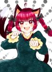  1girl :d animal_ears blush bow braid cat_ears dress extra_ears fang fangs hair_bow kaenbyou_rin looking_at_viewer multiple_tails ol07469724 open_mouth paw_pose pointy_ears red_eyes red_hair smile solo tail touhou twin_braids 