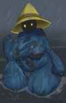  big_breasts black_mage_(job) breasts chubby_female clothing female genitals goldcrustedchicken hat headgear headwear hi_res humanoid nipples pussy raining simple_background solo water yellow_eyes 