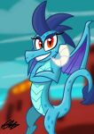  2017 anthro blue_body blue_scales blue_sky dragon dragon_tail dragon_wings female friendship_is_magic hasbro horn lava my_little_pony phalanx_b_deer princess_ember_(mlp) red_eyes rock scales sky solo 