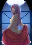  1girl absurdres ass back backlighting blush breasts clothes_down clothes_removed commission fire_emblem fire_emblem:_path_of_radiance fire_emblem:_radiant_dawn full_moon highres holding holding_clothes indoors light light_particles long_hair long_sleeves looking_back moon moonlight nabunabu night night_sky nipples nude off_shoulder purple_hair sanaki_kirsch_altina shoulder_blades sky small_breasts solo star_(sky) starry_sky window yellow_eyes 