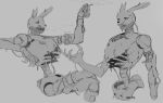  2022 animatronic anthro artist_name black_and_white burntrap_(fnaf) cigarette exposed_endoskeleton fingers five_nights_at_freddy&#039;s five_nights_at_freddy&#039;s:_security_breach gore hi_res kato200_0 lagomorph leporid long_ears machine male mammal monochrome rabbit robot scottgames short_tail signature simple_background sitting sketch solo standing teeth video_games wire 