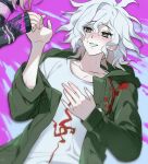  1boy 1girl :d bangs black_jacket blood collarbone danganronpa_(series) danganronpa_2:_goodbye_despair green_jacket hand_on_own_chest holding_hands hood hood_down hooded_jacket jacket komaeda_nagito long_sleeves malga_(milky721) medium_hair messy_hair nanami_chiaki open_clothes open_jacket pink_blood print_shirt shirt smile solo_focus sweat teeth upper_body upper_teeth white_hair white_shirt 