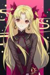  1girl bangs blonde_hair bow commentary danxing_aipangzi earrings ereshkigal_(fate) ereshkigal_(youming_niangniang)_(fate) eyebrows_visible_through_hair fate/grand_order fate_(series) flower hair_bow high_collar highres jewelry long_hair long_sleeves looking_at_viewer multicolored_background official_alternate_costume parted_bangs red_bow red_eyes red_flower smile solo tassel two_side_up upper_body vietnamese_dress 