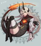  1girl arknights black_gloves boots dragon_horns dragon_tail flame-tipped_tail gloves horns jacket kome_(vm500) long_hair reed_(arknights) ribbed_sweater signature sweater tail thighhighs white_jacket 