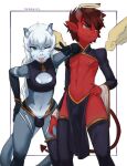 blush breasts bulge clothing demon duo gynomorph hair halo hi_res horn horned_humanoid humanoid humanoid_pointy_ears intersex looking_at_viewer male not_furry red_body red_skin seraziel small_breasts spade_tail 